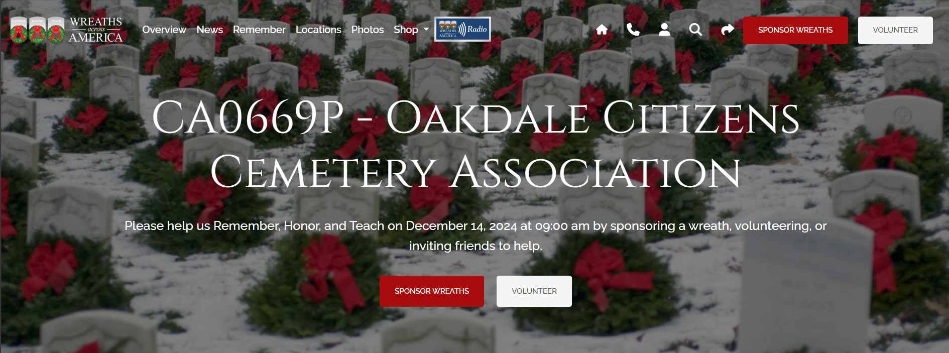 Screenshot of Wreaths Oakdale Citizens Cemetery Page